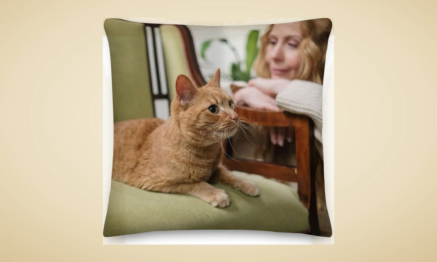 Coussin sur un divan avec la photo de la femme et de son chat